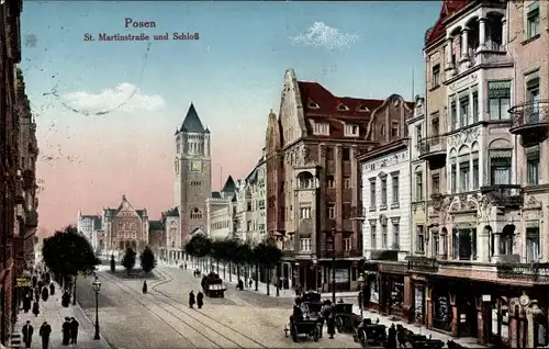 Ak Poznań Posen, St. Martinskirche und Schloss, Turmuhr