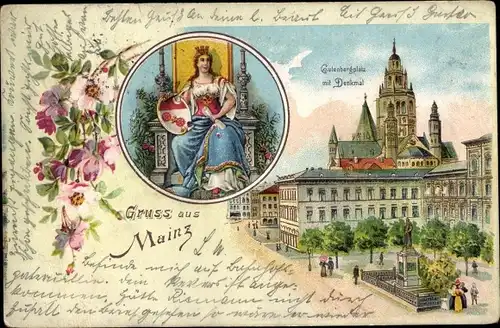 Litho Mainz am Rhein, Gutenbergplatz, Denkmal, Blumen, Herrscherin, Thron