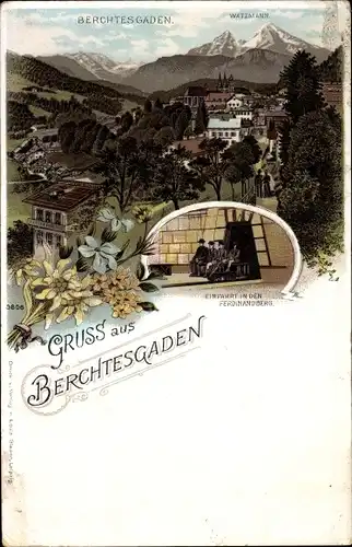 Litho Berchtesgaden in Oberbayern, Einfahrt in den Ferdinandberg, Watzmann