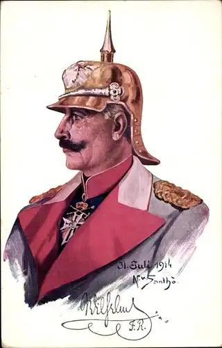 Künstler Ak Kaiser Wilhelm II., Portrait mit Pickelhaube, Mantel