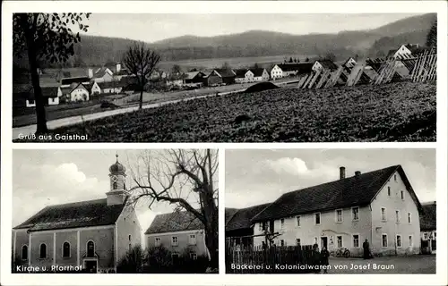 Ak Gaisthal Schönsee Oberpfalz, Kirche, Pfarrhof, Bäckerei und Kolonialwarenhandlung