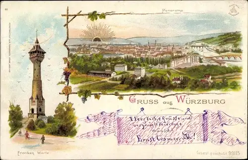 Litho Würzburg am Main Unterfranken, Frankenwarte, Blick auf den Ort