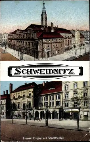 Ak Świdnica Schweidnitz Schlesien, Rathaus, Innerer Ringteil mit Stadttheater