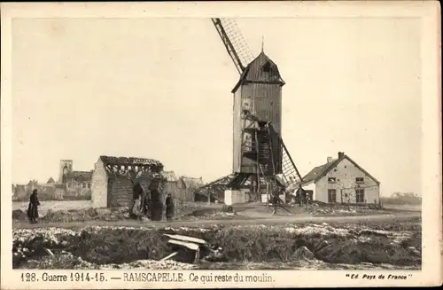 Ak Ramskapelle Nieuwpoort Westflandern, Ce qui reste du moulin, Windmühle, Kriegszerstörungen, I. WK