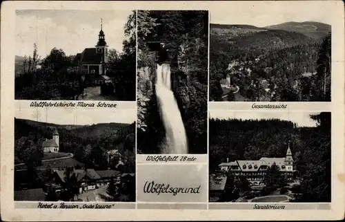 Ak Międzygórze Wölfelsgrund Schlesien, Sanatorium, Wölfelsfall, Wallfahrtskirche Maria Schnee