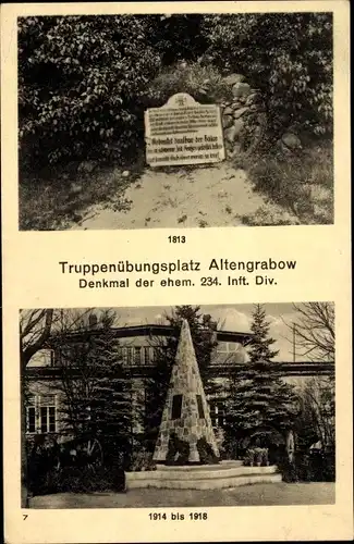 Ak Altengrabow Möckern in Sachsen Anhalt, Truppenübungsplatz, Denkmal der Ehem. 234. Inft. Div.