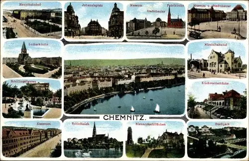 Ak Chemnitz Sachsen, Hauptbahnhof, Kasernen, Stadttheater, Museum, Petrikirche, Lutherkirche, Park