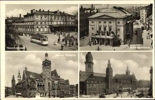 Ak Chemnitz Sachsen, Hauptbahnhof, Schauspielhaus, Neues Rathaus, Markt, Straßenbahn