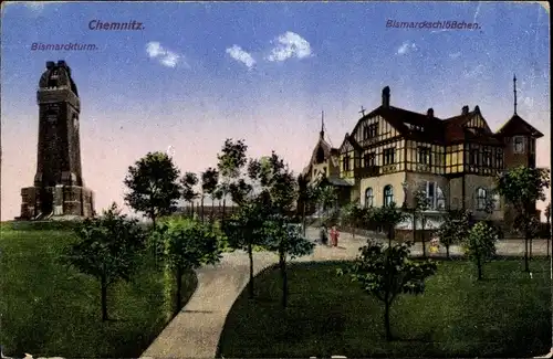 Ak Chemnitz in Sachsen, Bismarckturm, Bismarckschlösschen