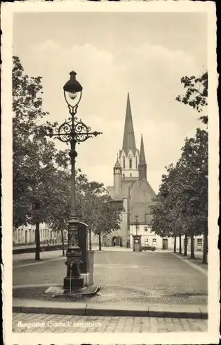 Ak Burgstädt in Sachsen, Leninplatz, Telefonzelle, Kirche