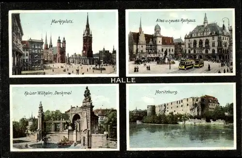 Ak Halle an der Saale, Marktplatz, altes, neues Rathaus, Kaiser-Wilhelm-Denkmal, Moritzburg