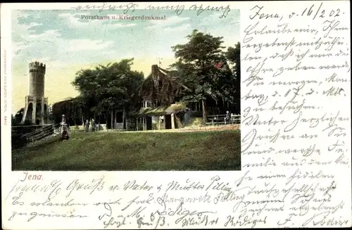 Ak Jena in Thüringen, Forsthaus und Kriegerdenkmal, Turm