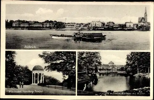 Ak Biebrich am Rhein Wiesbaden, Totale, Neroberg-Tempel, Kurhaus mit Weiher