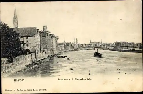 Ak Hansestadt Bremen, Panorama von der Eisenbahnbrücke, Dampfer