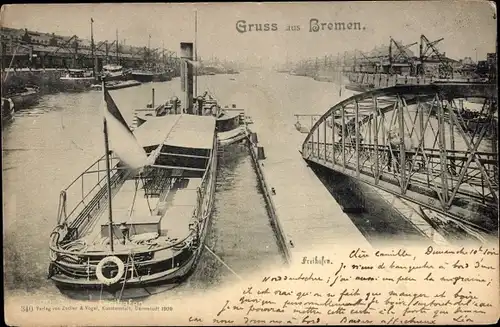 Ak Hansestadt Bremen, Partie am Freihafen, Dampfer
