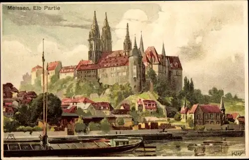 Künstler Litho Kley, Meißen in Sachsen, Elbpartie mit Albrechtsburg