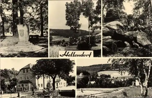 Ak Hellendorf Bad Gottleuba in Sachsen, Denkmal, Gasthaus, Wanderweg