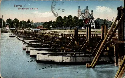 Ak Speyer am Rhein, Schiffbrücke mit Dom