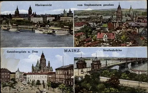 Ak Mainz am Rhein, Gutenbergplatz, Dom, Straßenbrücke, Stephansturm, Rheinansicht