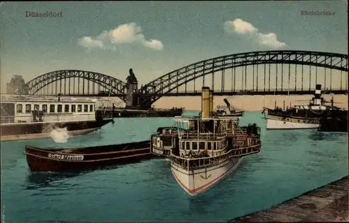 Ak Düsseldorf am Rhein, Rheinbrücke, Dampfer