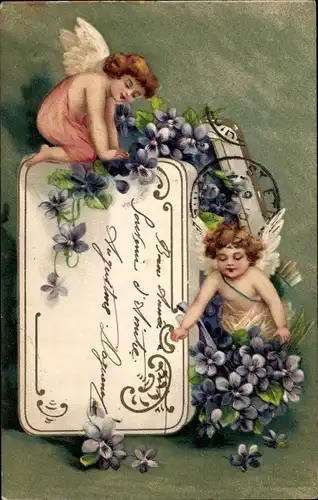 Präge Litho Engel, Veilchen, Truhe