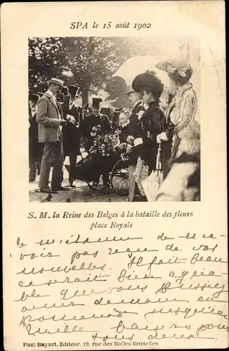 Ak Spa Wallonien Lüttich, La Reine des Belges a la bataille des fleurs 1902, Place Royale