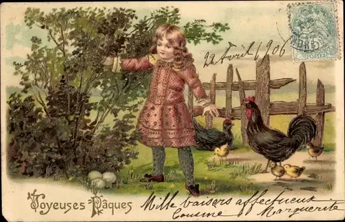 Ak Glückwunsch Ostern, Mädchen findet Eier, Hühner, Küken