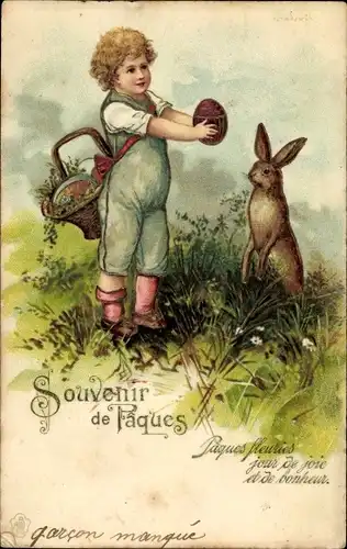 Präge Litho Glückwunsch Ostern, Kind, Osterei, Korb, Hase