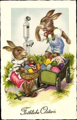 Ak Glückwunsch Ostern, Osterhasen, Ostereier, Fuhrwerk, Glitzer