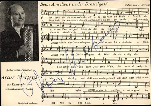 Lied Ak Beim Amselwirt in der Drosselgass, Artur Mertens, Portrait, Akkordeon