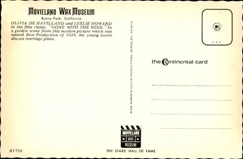 Ak Schauspieler Olivia De Havilland, Leslie Howard, Vom Winde verweht,Filmszene,Movieland Wax Museum