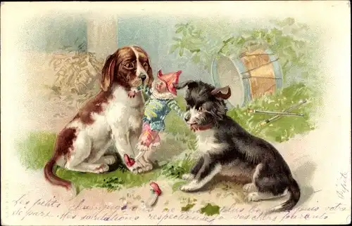 Litho Zwei Hunde mit einer Puppe