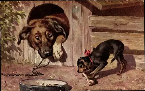 Künstler Ak Hund in Hundehütte, kleiner Hund mit Knochen