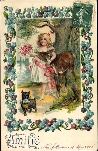 Präge Wappen Ak Mädchen mit Reh, schwarzer Terrier