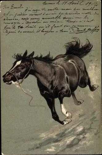 Präge Litho Rappe im Galopp, Pferd
