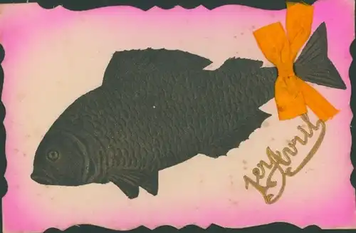 Stoff Ak Fisch mit orangener Schleife an der Schwanzflosse