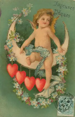 Glückwunsch Glitzer Ak Frohe Ostern, Engel, Veilchen, Mond, Herzen
