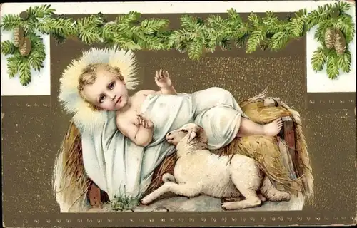 Präge Ak Weihnachten, Jesus, Lamm, Tannenzweige, Zapfen