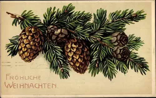 Präge Ak Glückwunsch Weihnachten, Tannenzweig, Tannenzapfen