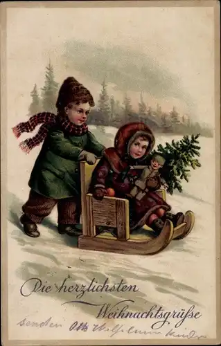 Ak Glückwunsch Weihnachten, Kinder, Schlitten, Puppe, Tannenbaum