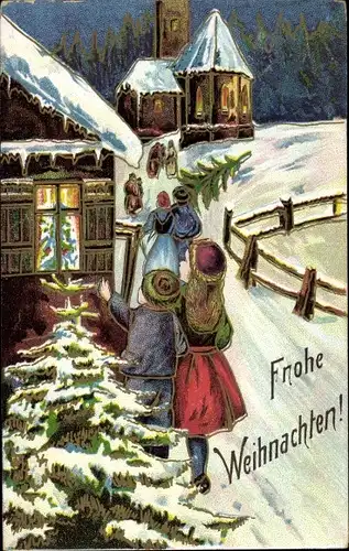 Präge Ak Glückwunsch Weihnachten, Menschen auf dem Weg zur Kirche, winterliches Dorf