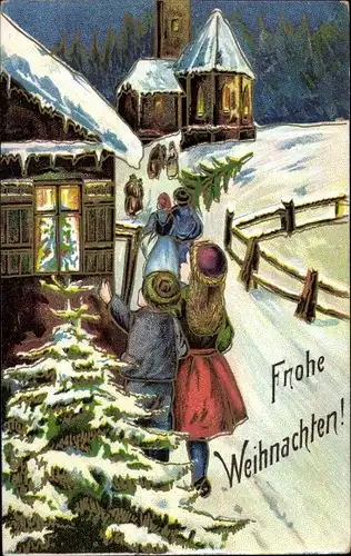 Präge Ak Glückwunsch Weihnachten, Menschen auf dem Weg zur Kirche, winterliches Dorf