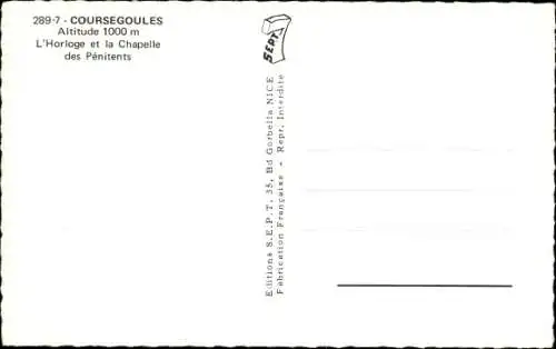 Ak Coursegoules Alpes-Maritimes, L'Horloge et la Chapelle