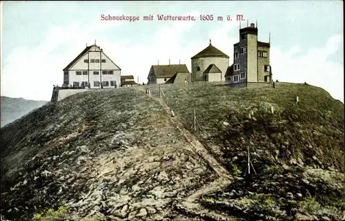 Ak Malá Úpa Kleinaupa Riesengebirge Region Königgrätz, Schneekoppe mit Wetterwarte