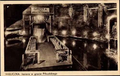 Ak Wieliczka Groß Salze Polen, Grubensee in der Grotte Pilsudski