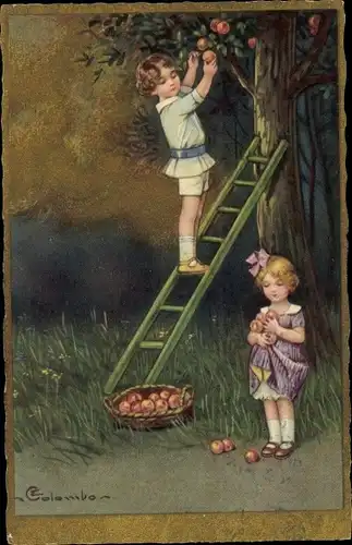 Künstler Ak Colombo, E., Kinder pflücken Äpfel von einem Baum