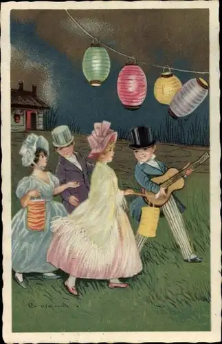 Künstler Ak Colombo, E., Kinder auf dem Weg zu einem Fest, Lampions