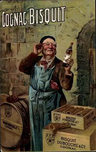 Ak Cognac Bisquit, Mann mit Kognakflasche, Kisten, Fass, Werbung