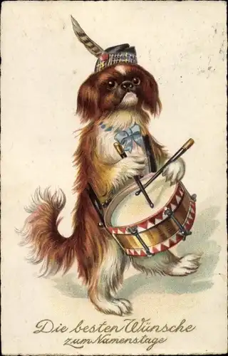 Ak Glückwunsch Namenstag, vermenschlichter Hund Trommel spielend