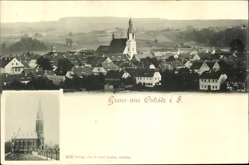 Ak Ostritz in der Oberlausitz, Kirchen, Stadtpanorama